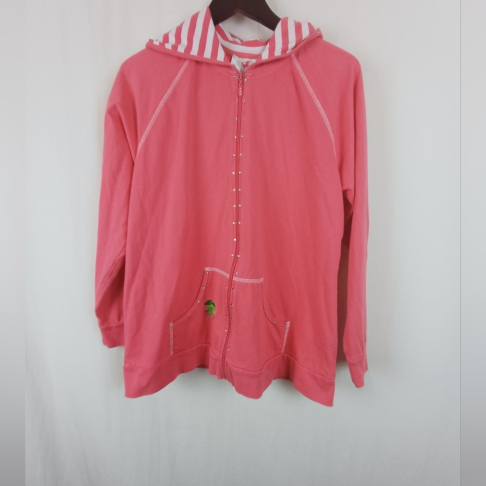 Quacker Factory Zipper Jacket Frog Embroidery Stones Hooded Pink Large A10239